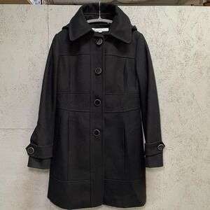 Kenneth Cole New York Womens 8 Black Wool Blend Walker Coat With Removable Hood